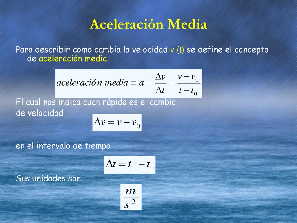 Aceleración Media Para describir como cambia la velocidad v (t) se define el concepto de aceleración media: