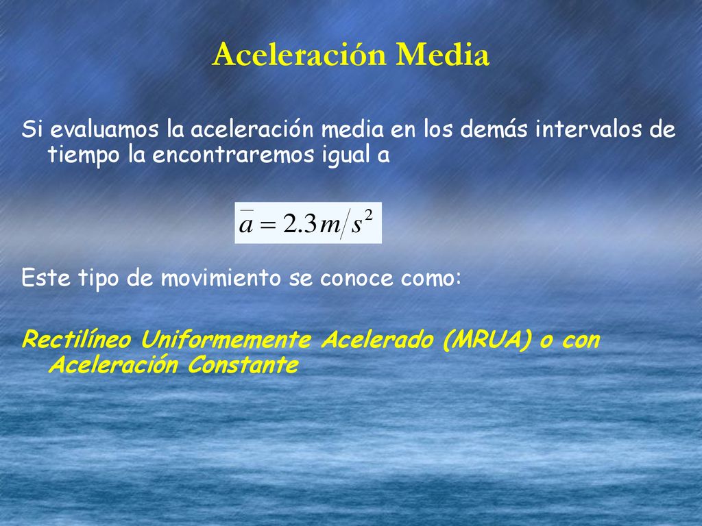 Aceleración Media Si evaluamos la aceleración media en los demás intervalos de tiempo la encontraremos igual a.
