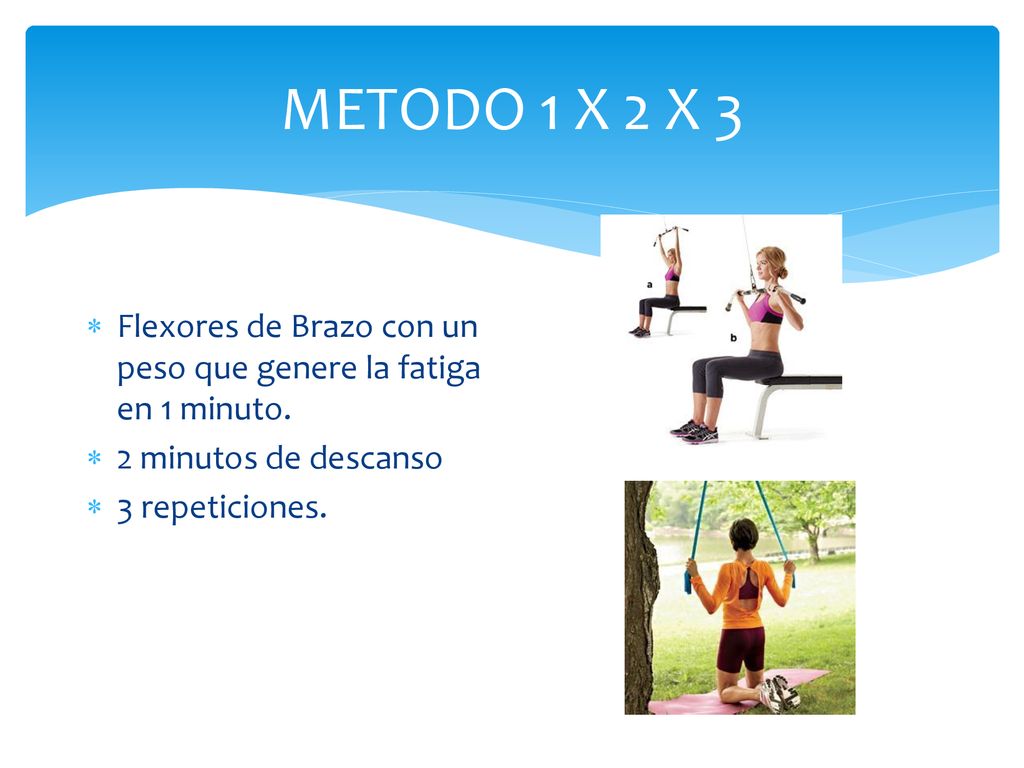 METODO 1 X 2 X 3 Flexores de Brazo con un peso que genere la fatiga en 1 minuto. 2 minutos de descanso.
