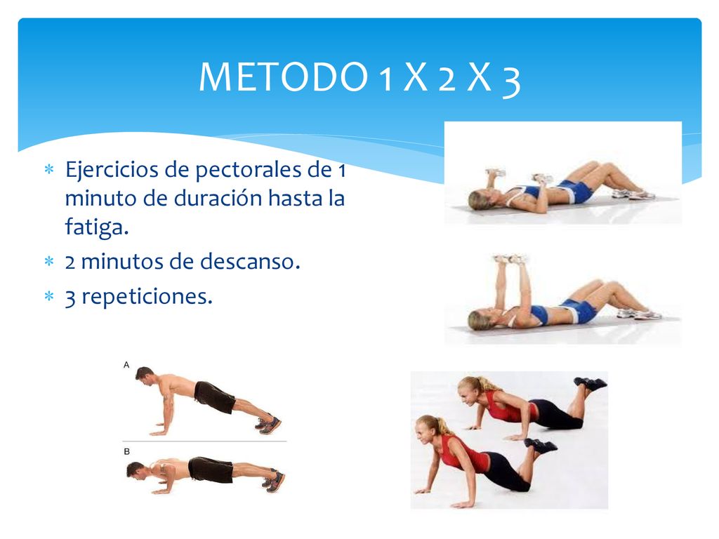 METODO 1 X 2 X 3 Ejercicios de pectorales de 1 minuto de duración hasta la fatiga. 2 minutos de descanso.