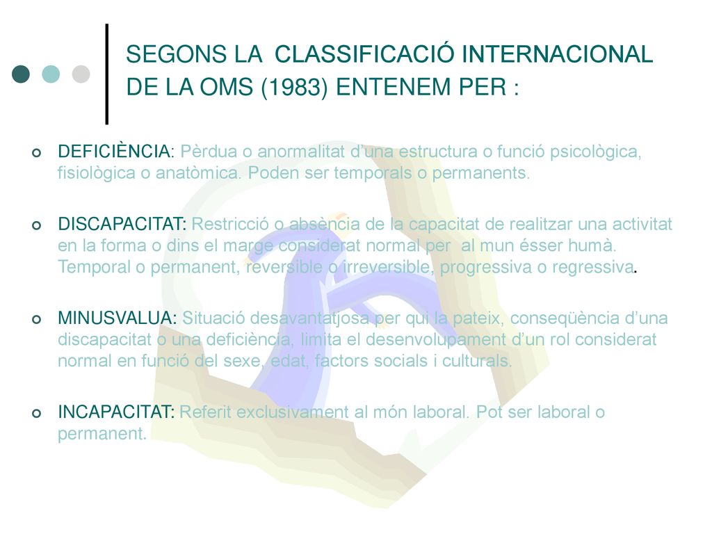 SEGONS LA CLASSIFICACIÓ INTERNACIONAL DE LA OMS (1983) ENTENEM PER :