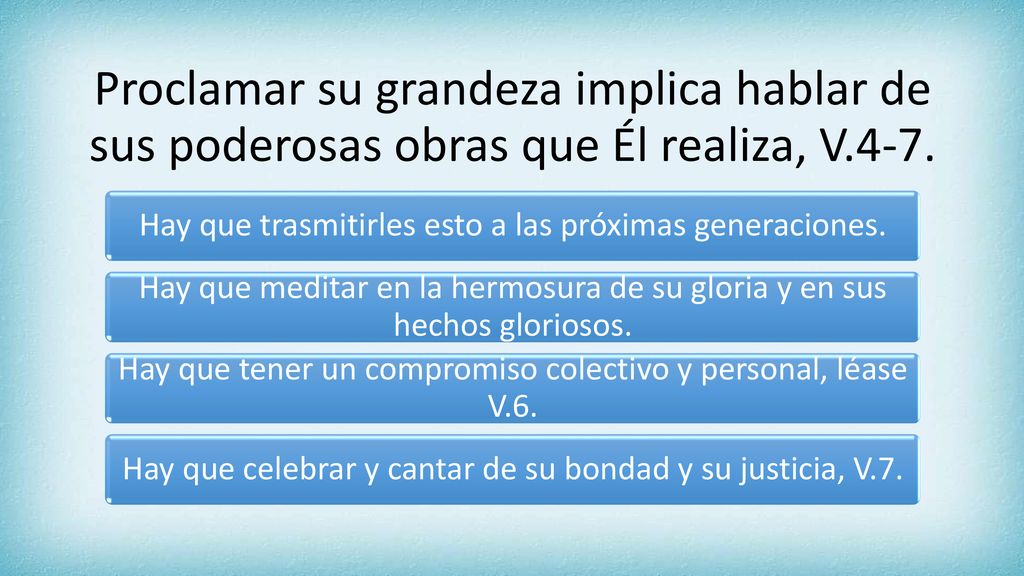 Proclamar su grandeza implica hablar de sus poderosas obras que Él realiza, V.4-7.