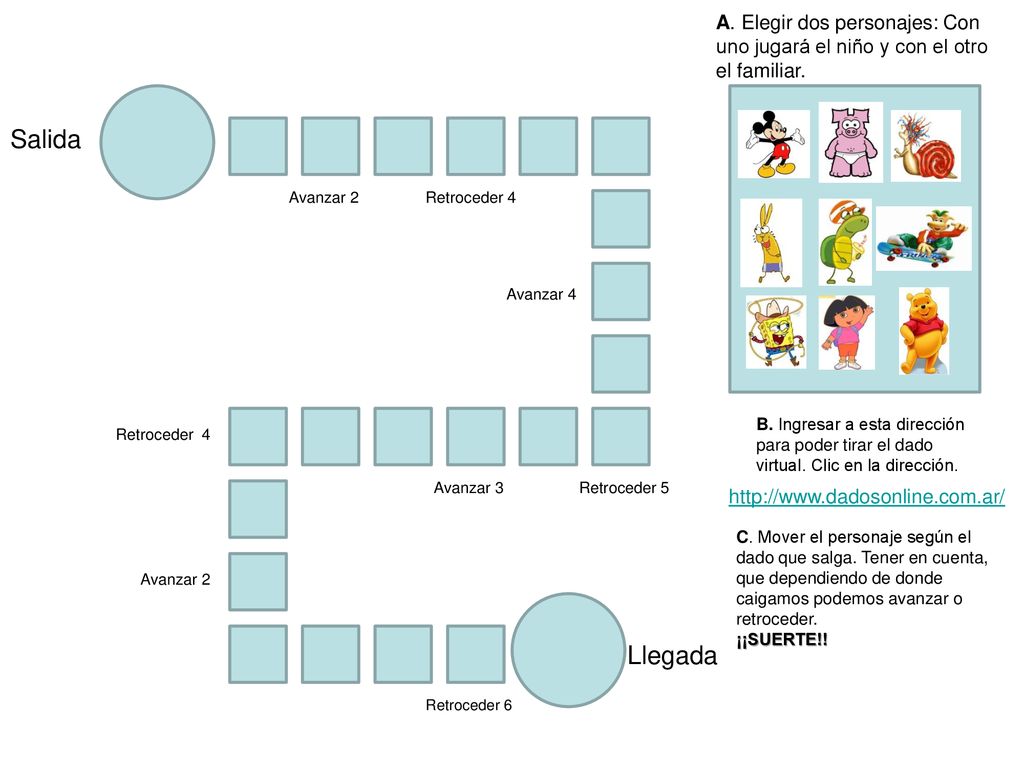 A. Elegir dos personajes: Con uno jugará el niño y con el otro el familiar.