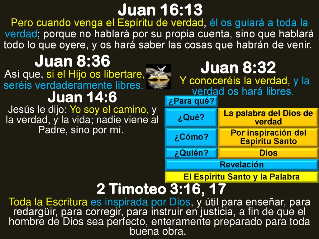 Juan 16:13 Juan 8:36 Juan 8:32 Juan 14:6 2 Timoteo 3:16, 17