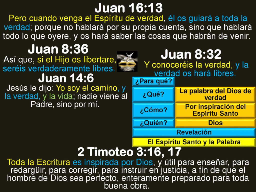 Juan 16:13 Juan 8:36 Juan 8:32 Juan 14:6 2 Timoteo 3:16, 17