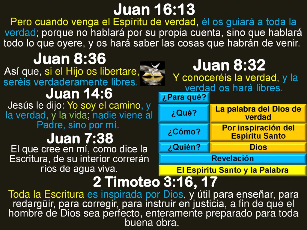 Juan 16:13 Juan 8:36 Juan 8:32 Juan 14:6 Juan 7:38 2 Timoteo 3:16, 17