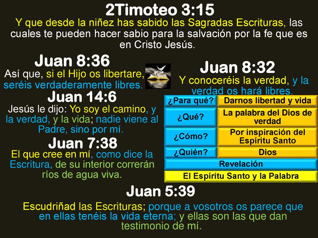 2Timoteo 3:15 Juan 8:36 Juan 8:32 Juan 14:6 Juan 7:38 Juan 5:39