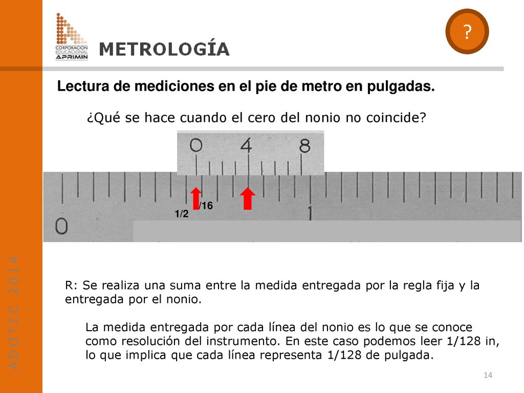 Lectura de mediciones en el pie de metro en pulgadas.