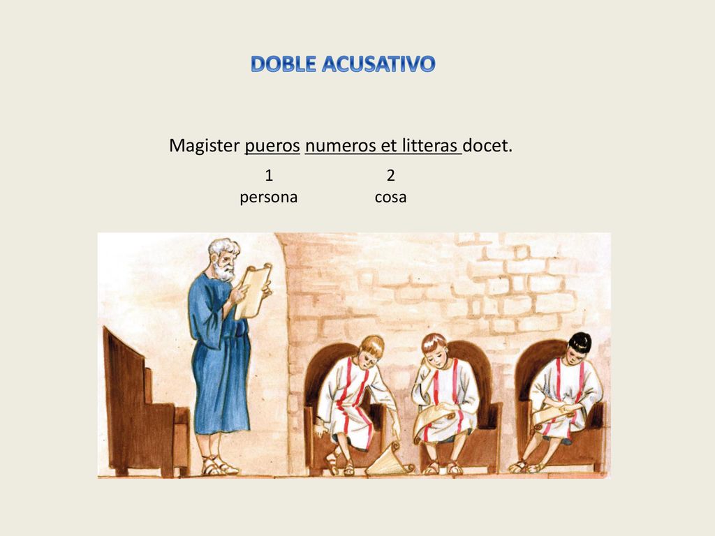 DOBLE ACUSATIVO Magister pueros numeros et litteras docet. 1 persona 2