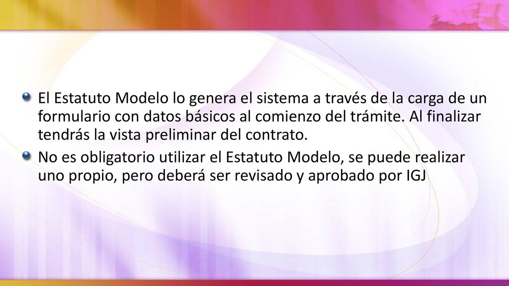 El Estatuto Modelo lo genera el sistema a través de la carga de un formulario con datos básicos al comienzo del trámite. Al finalizar tendrás la vista preliminar del contrato.