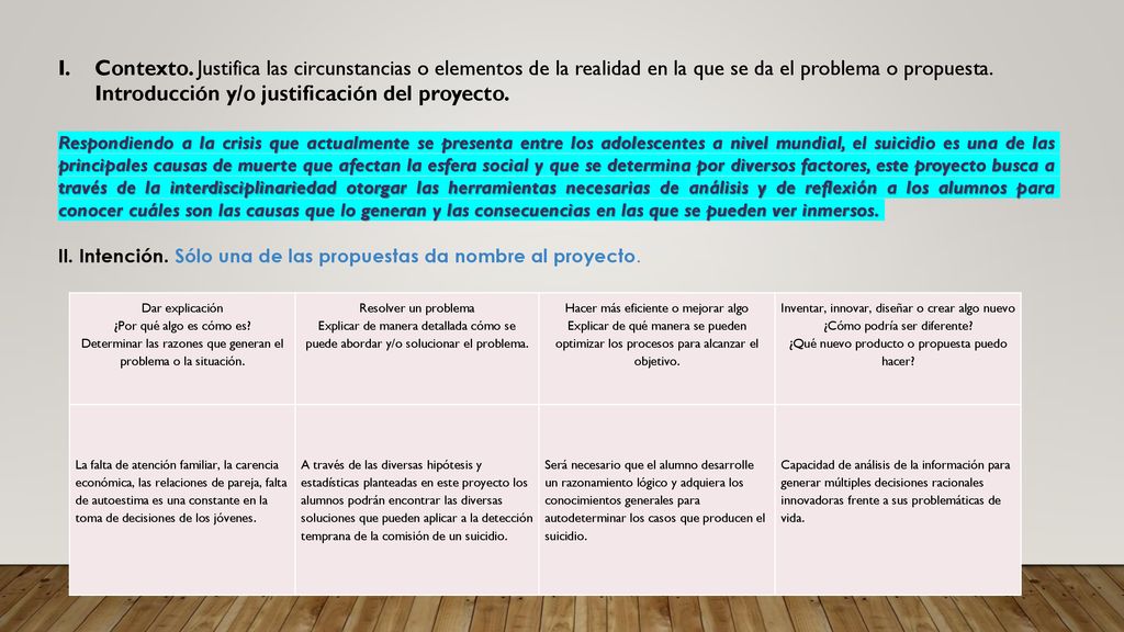 Contexto. Justifica las circunstancias o elementos de la realidad en la que se da el problema o propuesta. Introducción y/o justificación del proyecto.