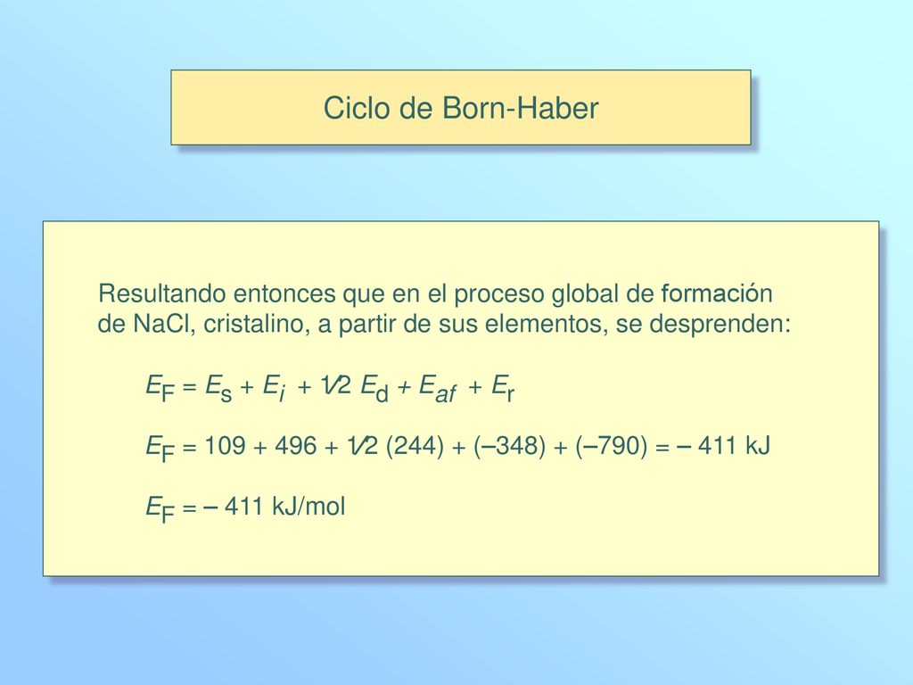 Ciclo de Born-Haber Resultando entonces que en el proceso global de formación. de NaCl, cristalino, a partir de sus elementos, se desprenden: