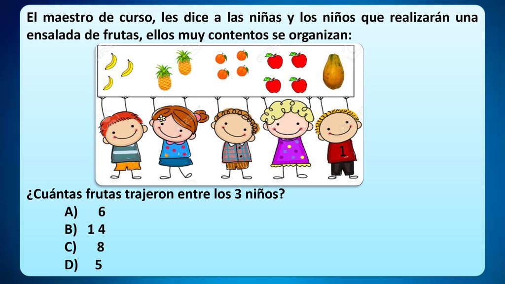 El maestro de curso, les dice a las niñas y los niños que realizarán una ensalada de frutas, ellos muy contentos se organizan: