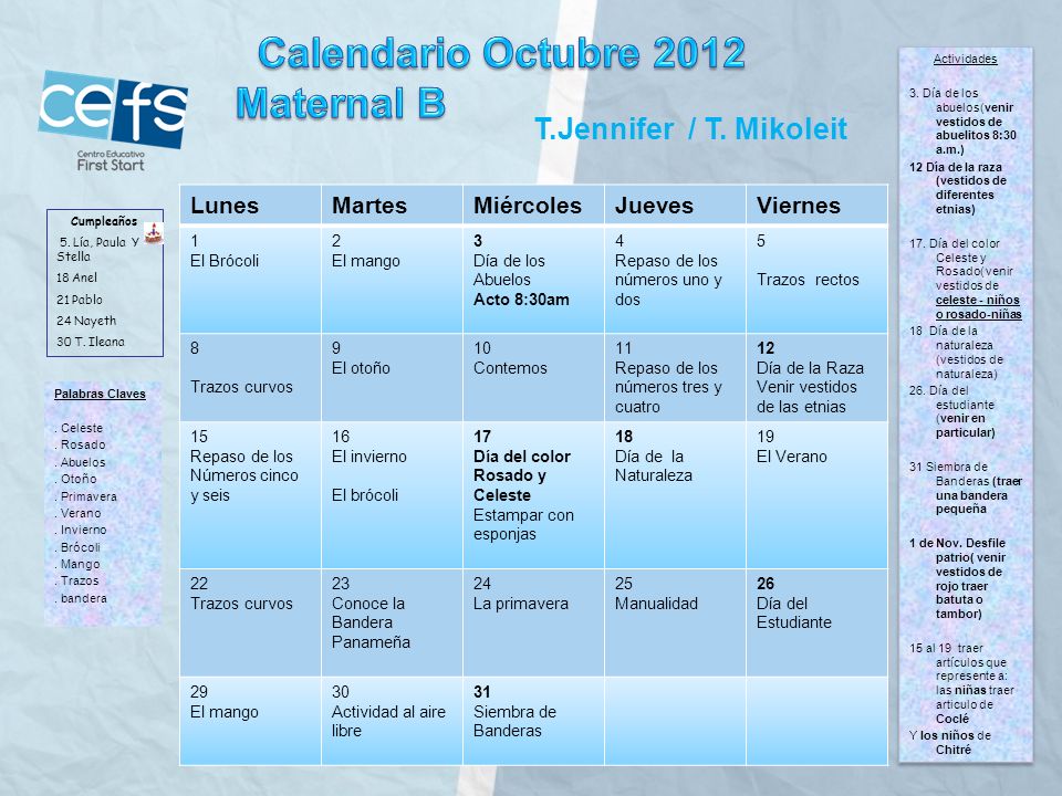 Calendario Octubre 2012 Maternal B T.Jennifer / T. Mikoleit Lunes