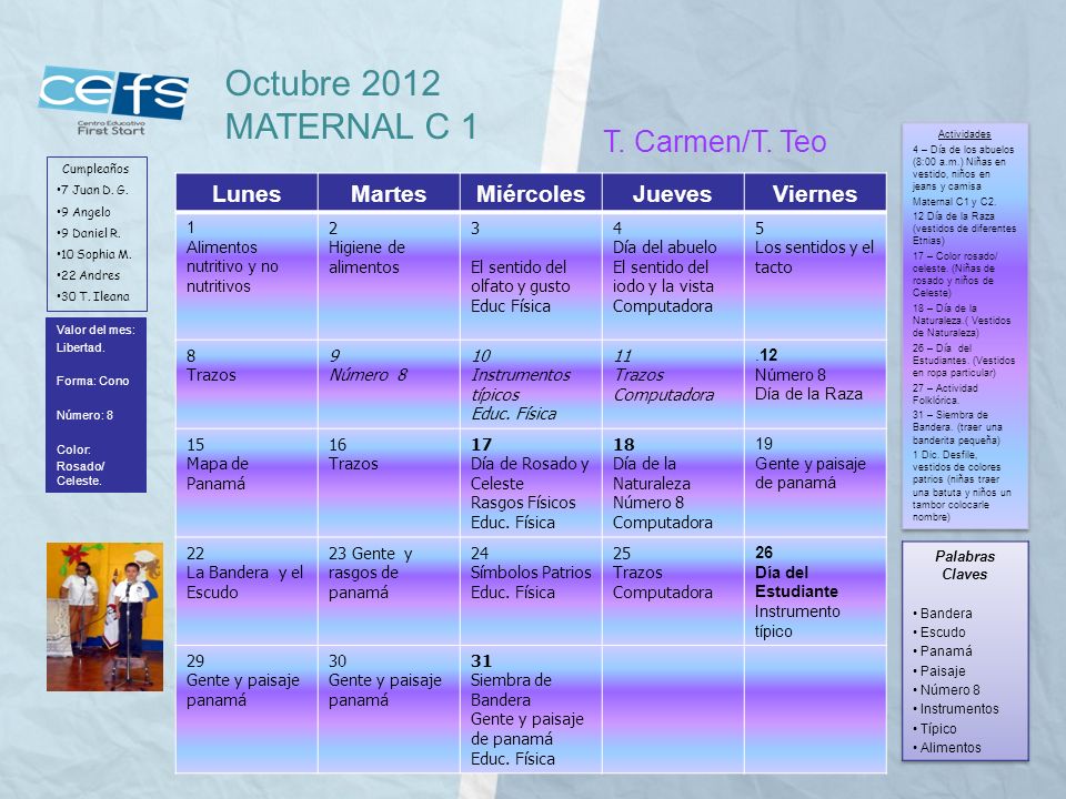 Octubre 2012 MATERNAL C 1 T. Carmen/T. Teo Lunes Martes Miércoles