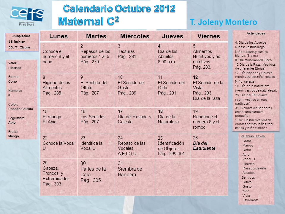 Maternal C2 Calendario Octubre 2012 T. Joleny Montero Lunes Martes