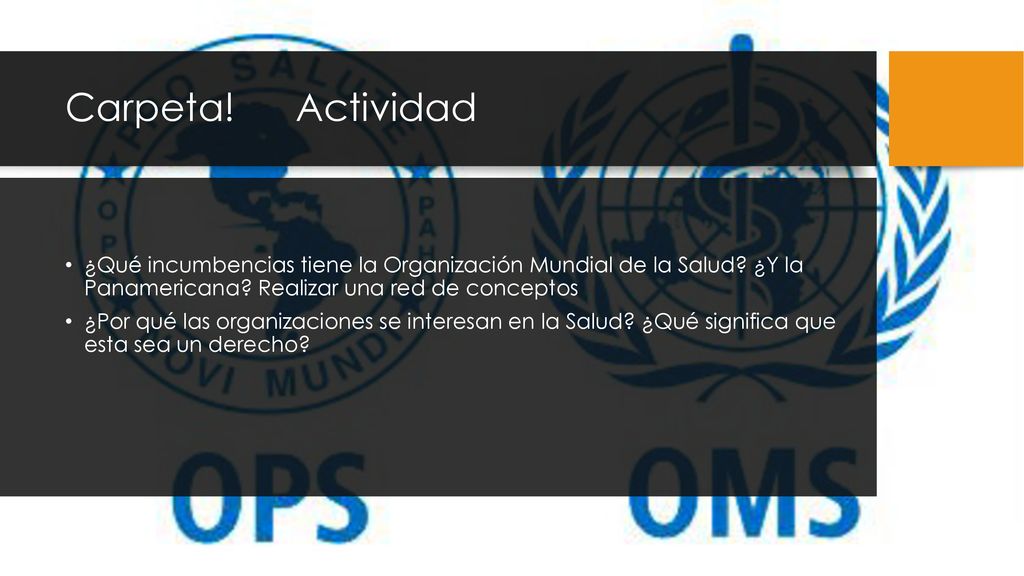 Carpeta! Actividad ¿Qué incumbencias tiene la Organización Mundial de la Salud ¿Y la Panamericana Realizar una red de conceptos.