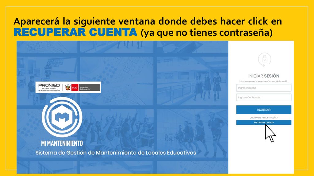 Aparecerá la siguiente ventana donde debes hacer click en RECUPERAR CUENTA (ya que no tienes contraseña)