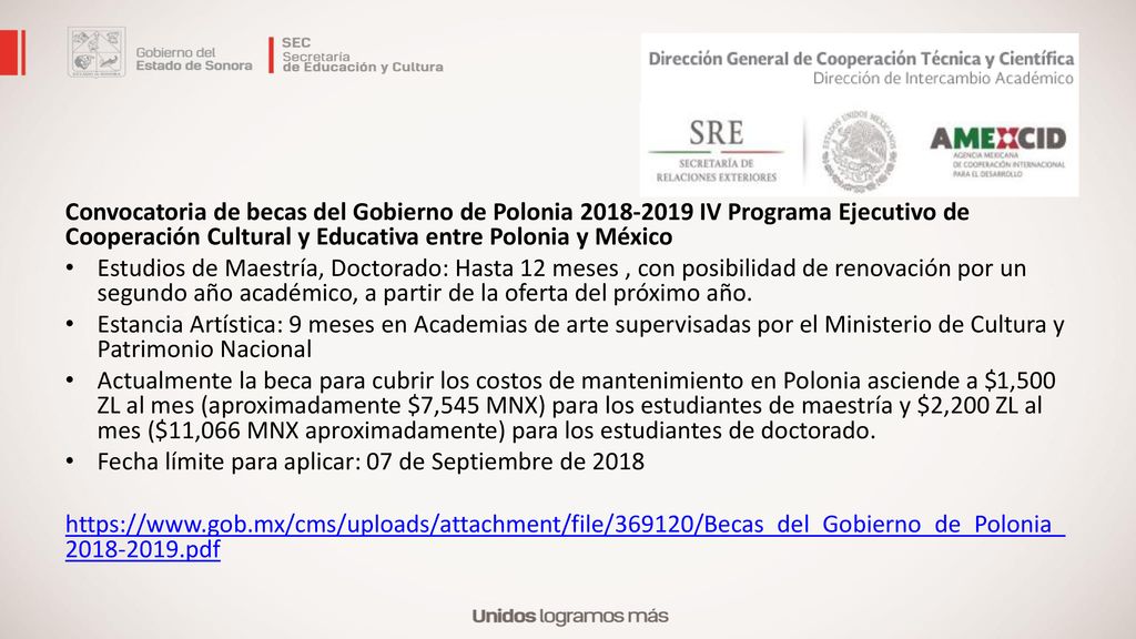 Convocatoria de becas del Gobierno de Polonia IV Programa Ejecutivo de Cooperación Cultural y Educativa entre Polonia y México