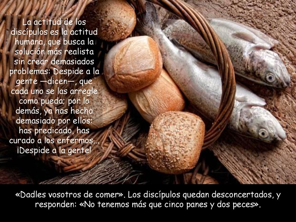 La actitud de los discípulos es la actitud humana, que busca la solución más realista sin crear demasiados problemas: Despide a la gente —dicen—, que cada uno se las arregle como pueda; por lo demás, ya has hecho demasiado por ellos: has predicado, has curado a los enfermos... ¡Despide a la gente!