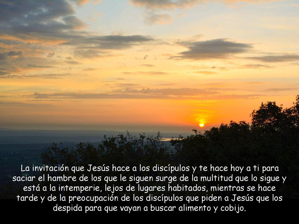 La invitación que Jesús hace a los discípulos y te hace hoy a ti para saciar el hambre de los que le siguen surge de la multitud que lo sigue y está a la intemperie, lejos de lugares habitados, mientras se hace tarde y de la preocupación de los discípulos que piden a Jesús que los despida para que vayan a buscar alimento y cobijo.