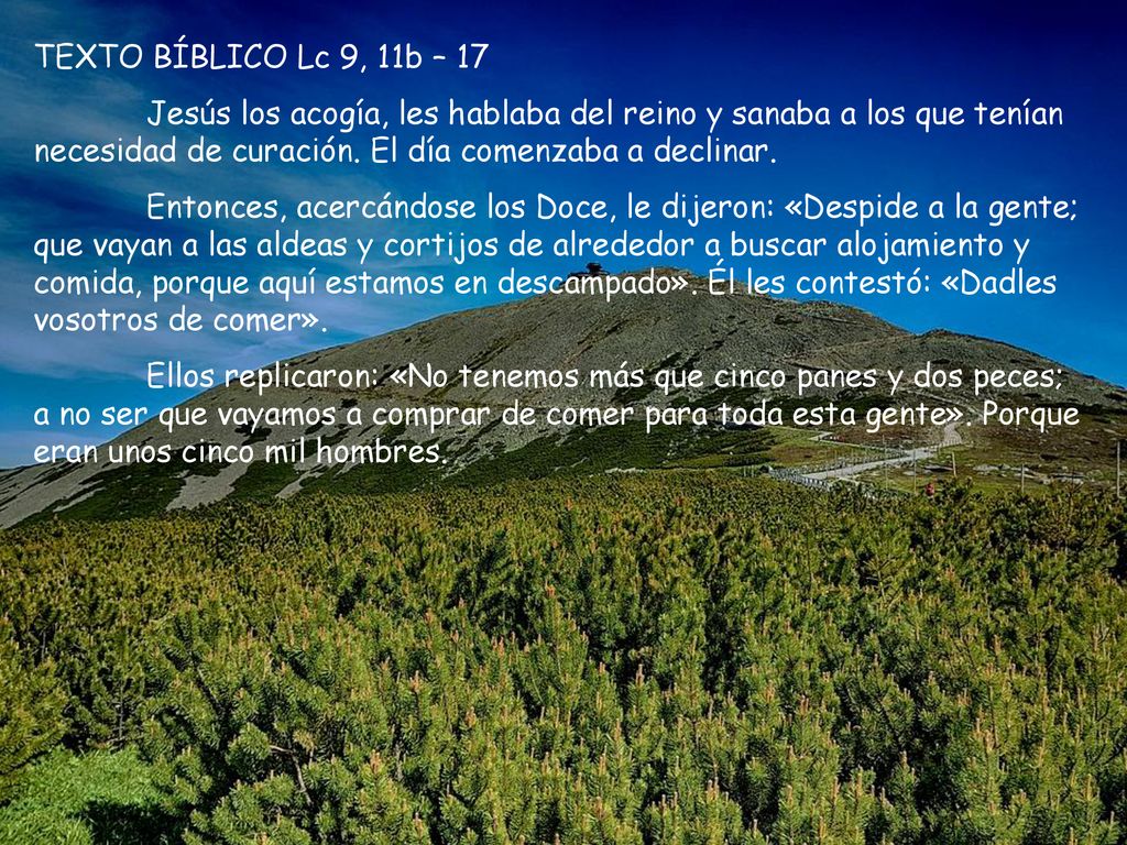 TEXTO BÍBLICO Lc 9, 11b – 17 Jesús los acogía, les hablaba del reino y sanaba a los que tenían necesidad de curación. El día comenzaba a declinar.