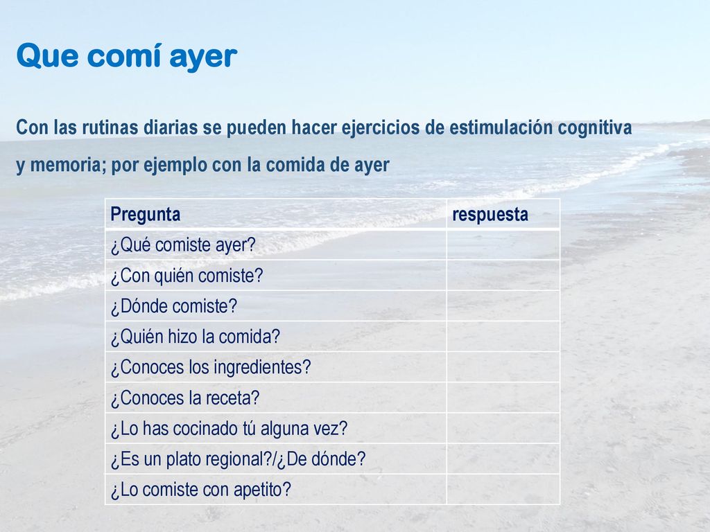 Que comí ayer Con las rutinas diarias se pueden hacer ejercicios de estimulación cognitiva. y memoria; por ejemplo con la comida de ayer.