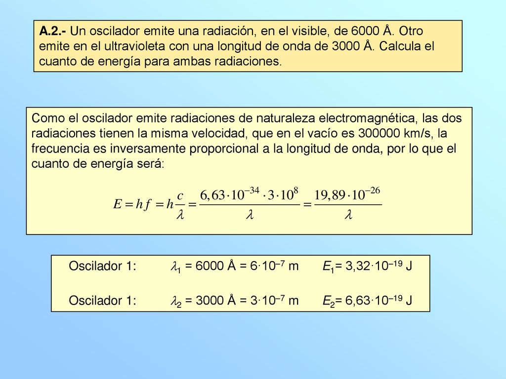 Oscilador 1: l1 = 6000 Å = 6·10–7 m E1= 3,32·10–19 J