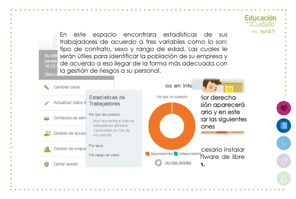 En este espacio encontrara estadísticas de sus trabajadores de acuerdo a tres variables como lo son: tipo de contrato, sexo y rango de edad. Las cuales le serán útiles para identificar la población de su empresa y de acuerdo a eso llegar de la forma más adecuada con la gestión de riesgos a su personal.