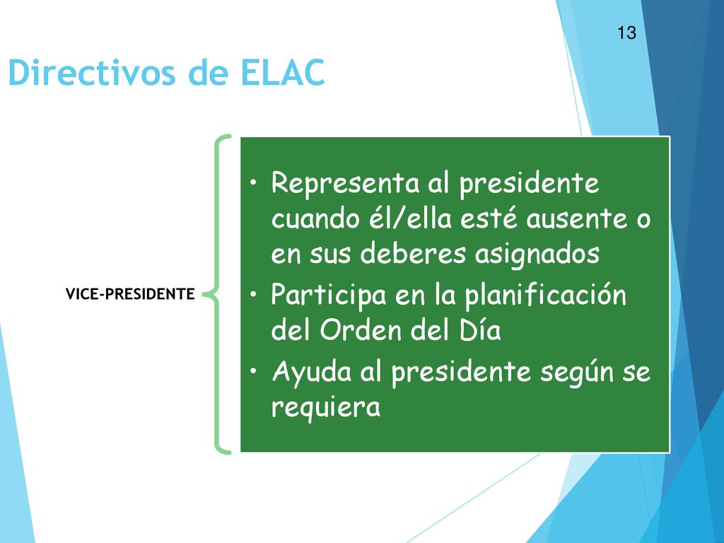 13 Directivos de ELAC. VICE-PRESIDENTE. Representa al presidente cuando él/ella esté ausente o en sus deberes asignados.