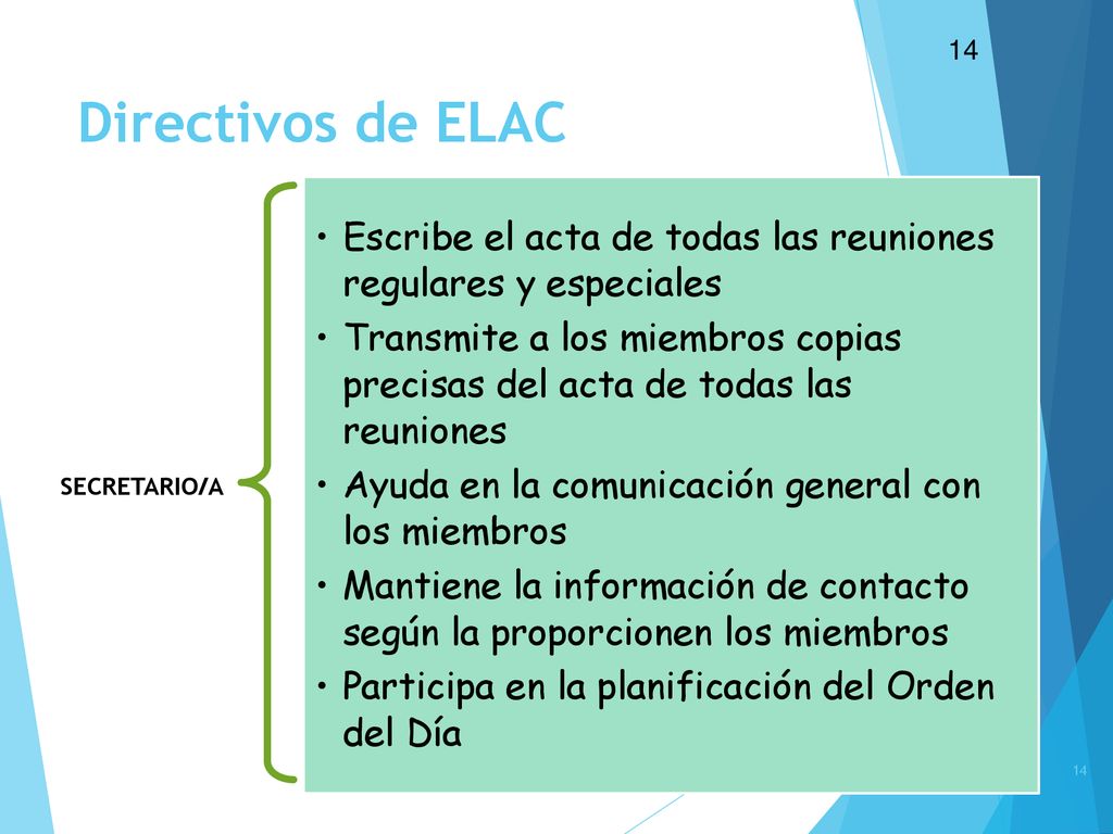 14 Directivos de ELAC. SECRETARIO/A. Escribe el acta de todas las reuniones regulares y especiales.