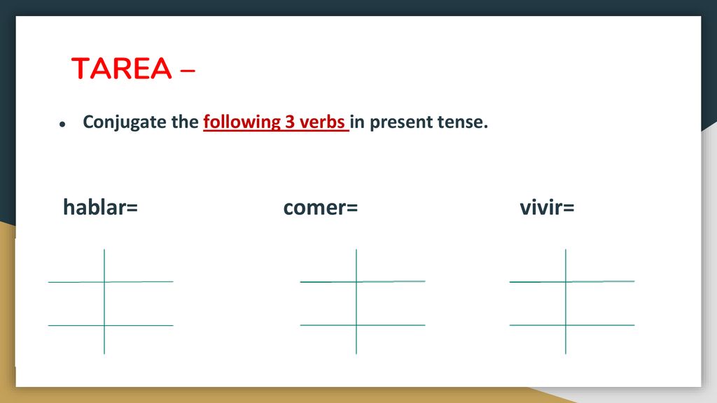 TAREA – Conjugate the following 3 verbs in present tense.