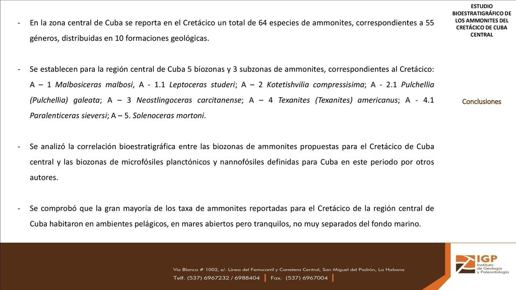 ESTUDIO BIOESTRATIGRÁFICO DE LOS AMMONITES DEL CRETÁCICO DE CUBA CENTRAL