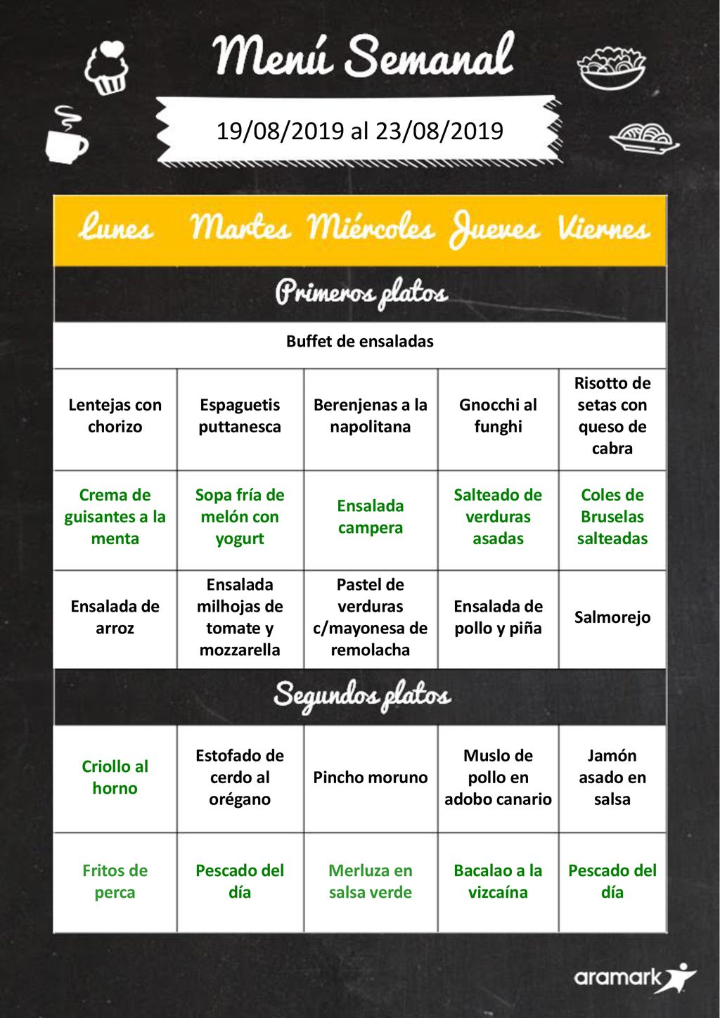 19/08/2019 al 23/08/2019 Buffet de ensaladas Lentejas con chorizo