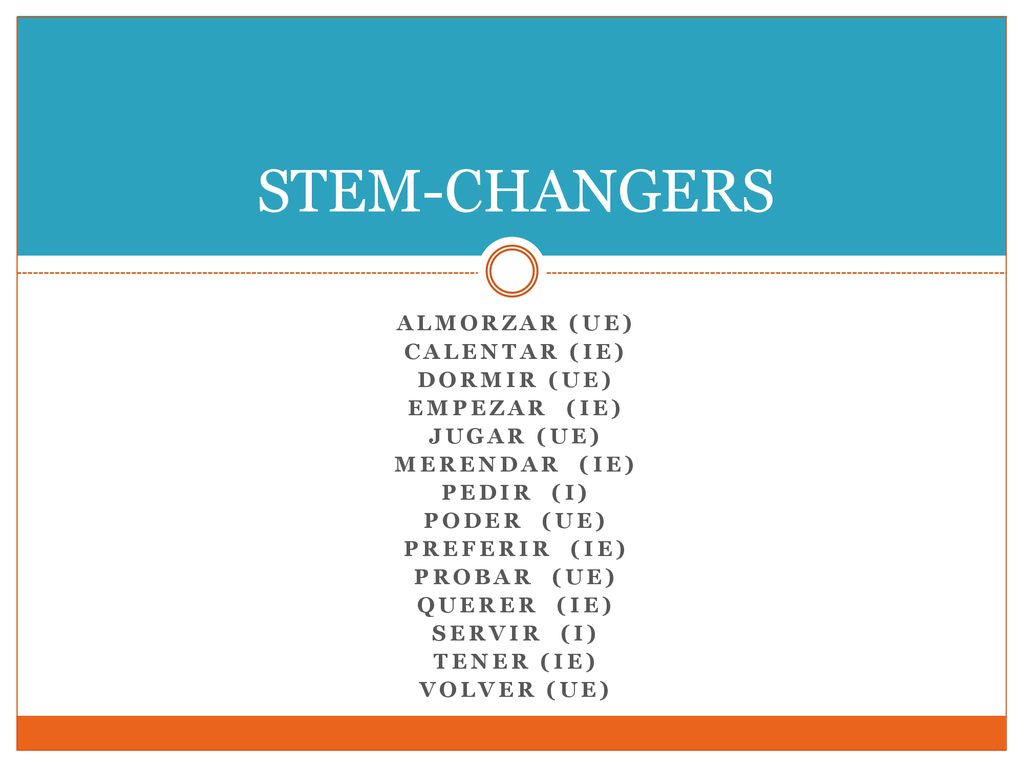 STEM-CHANGERS Almorzar (ue) Calentar (ie) Dormir (ue) Empezar (ie)