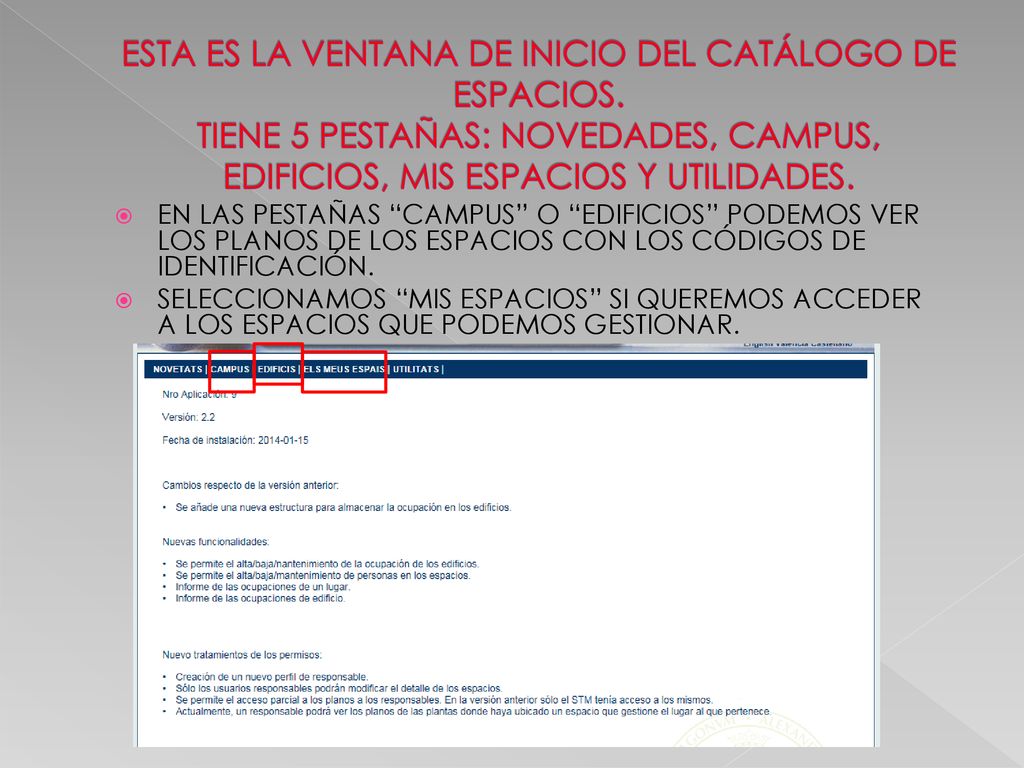 ESTA ES LA VENTANA DE INICIO DEL CATÁLOGO DE ESPACIOS