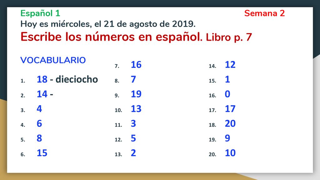 Español 1. Semana 2 Hoy es miércoles, el 21 de agosto de 2019