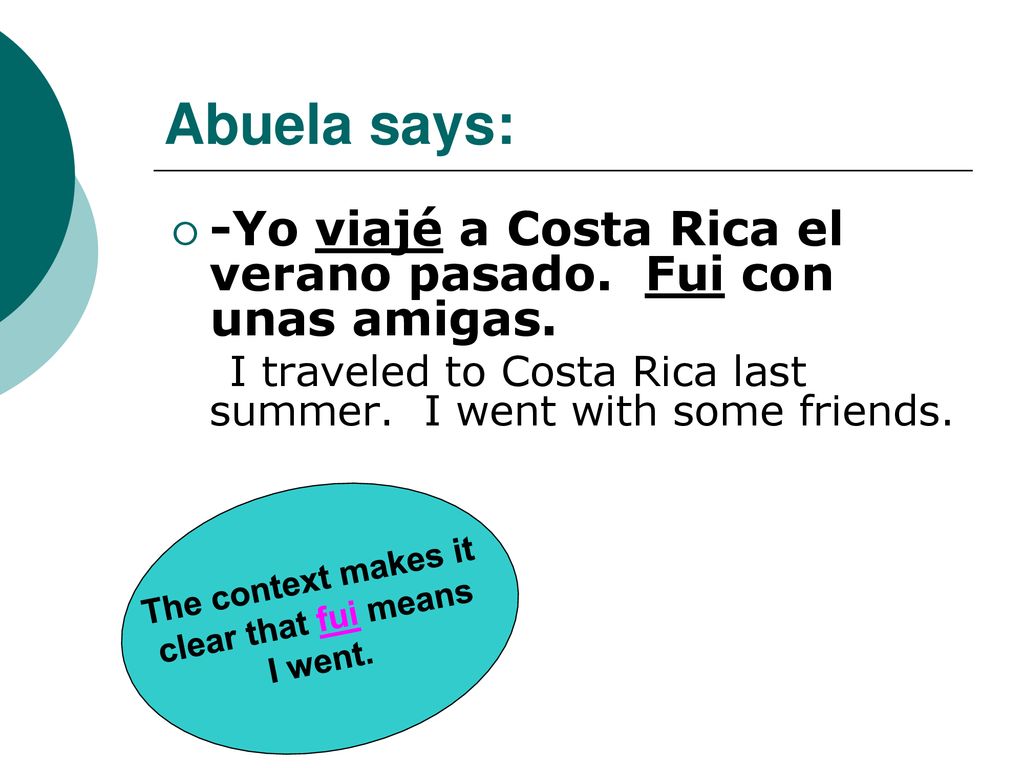 Abuela says: -Yo viajé a Costa Rica el verano pasado. Fui con unas amigas. I traveled to Costa Rica last summer. I went with some friends.