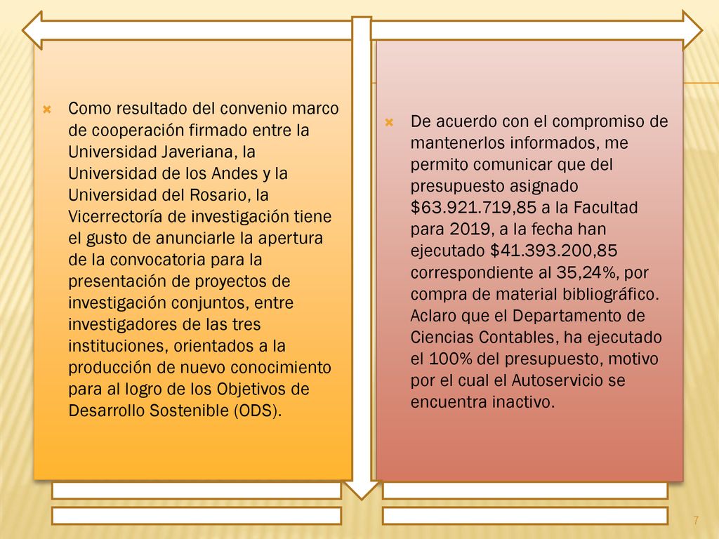 Como resultado del convenio marco de cooperación firmado entre la Universidad Javeriana, la Universidad de los Andes y la Universidad del Rosario, la Vicerrectoría de investigación tiene el gusto de anunciarle la apertura de la convocatoria para la presentación de proyectos de investigación conjuntos, entre investigadores de las tres instituciones, orientados a la producción de nuevo conocimiento para al logro de los Objetivos de Desarrollo Sostenible (ODS).