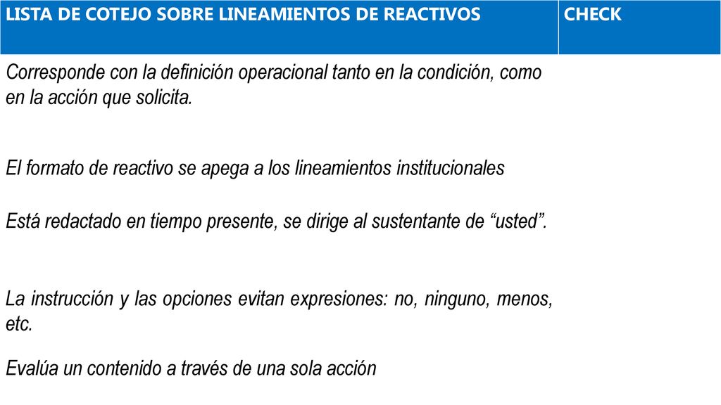 El formato de reactivo se apega a los lineamientos institucionales