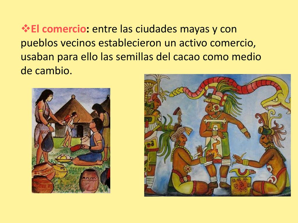 El comercio: entre las ciudades mayas y con pueblos vecinos establecieron un activo comercio, usaban para ello las semillas del cacao como medio de cambio.