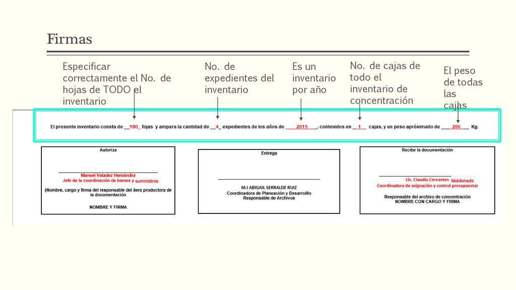Firmas Especificar correctamente el No. de hojas de TODO el inventario