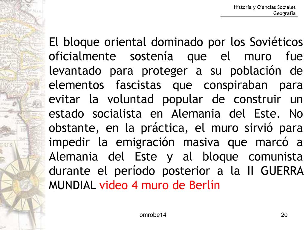 El bloque oriental dominado por los Soviéticos oficialmente sostenía que el muro fue levantado para proteger a su población de elementos fascistas que conspiraban para evitar la voluntad popular de construir un estado socialista en Alemania del Este. No obstante, en la práctica, el muro sirvió para impedir la emigración masiva que marcó a Alemania del Este y al bloque comunista durante el período posterior a la II GUERRA MUNDIAL video 4 muro de Berlín