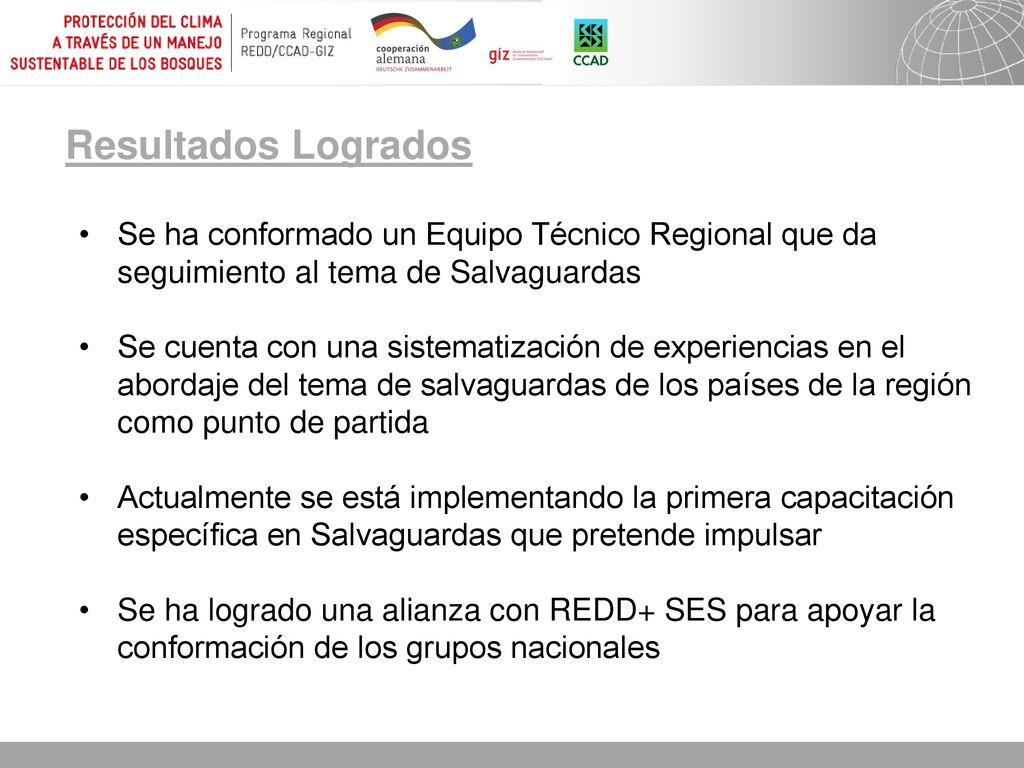 Resultados Logrados Se ha conformado un Equipo Técnico Regional que da seguimiento al tema de Salvaguardas.