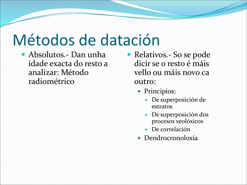 Métodos de datación Absolutos.- Dan unha idade exacta do resto a analizar: Método radiométrico.