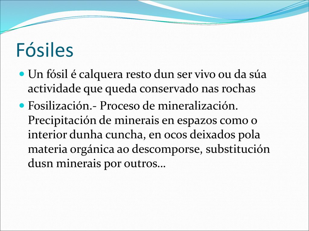Fósiles Un fósil é calquera resto dun ser vivo ou da súa actividade que queda conservado nas rochas.