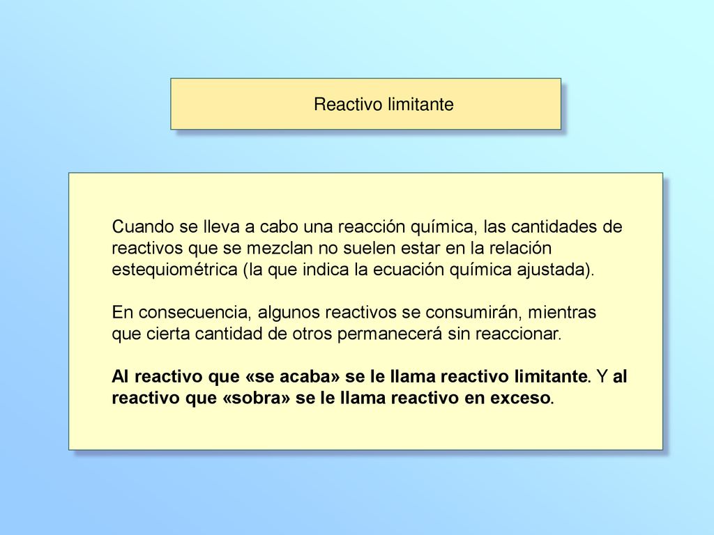 Reactivo limitante Cuando se lleva a cabo una reacción química, las cantidades de. reactivos que se mezclan no suelen estar en la relación.