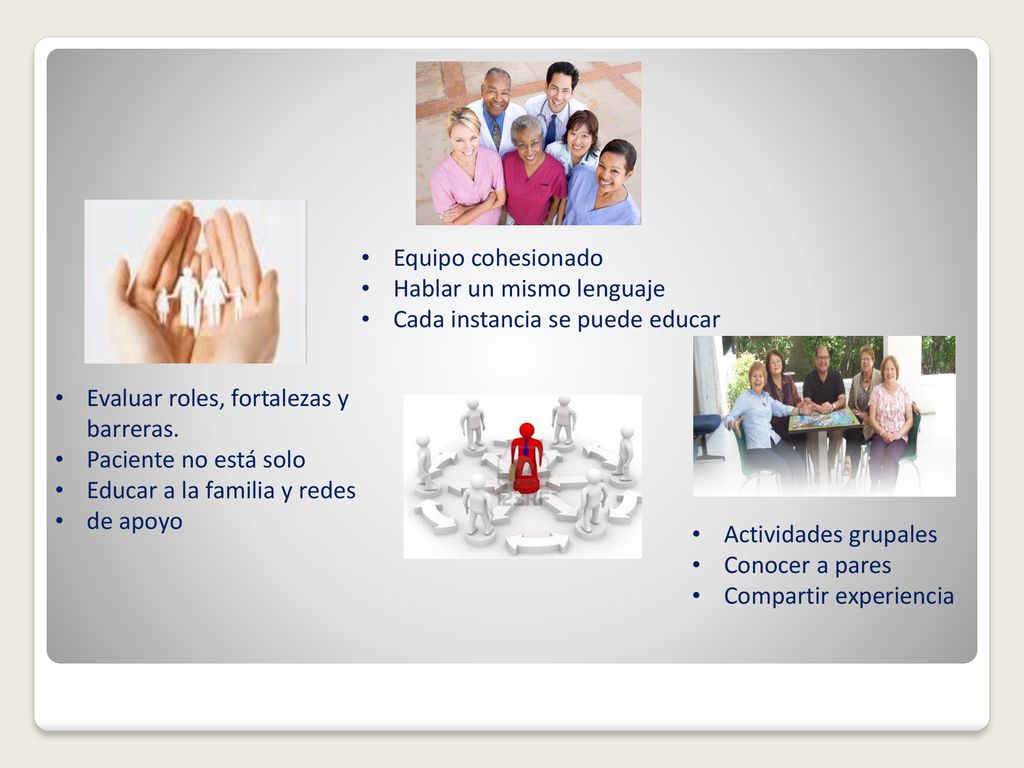 Equipo cohesionado Hablar un mismo lenguaje. Cada instancia se puede educar. Evaluar roles, fortalezas y barreras.