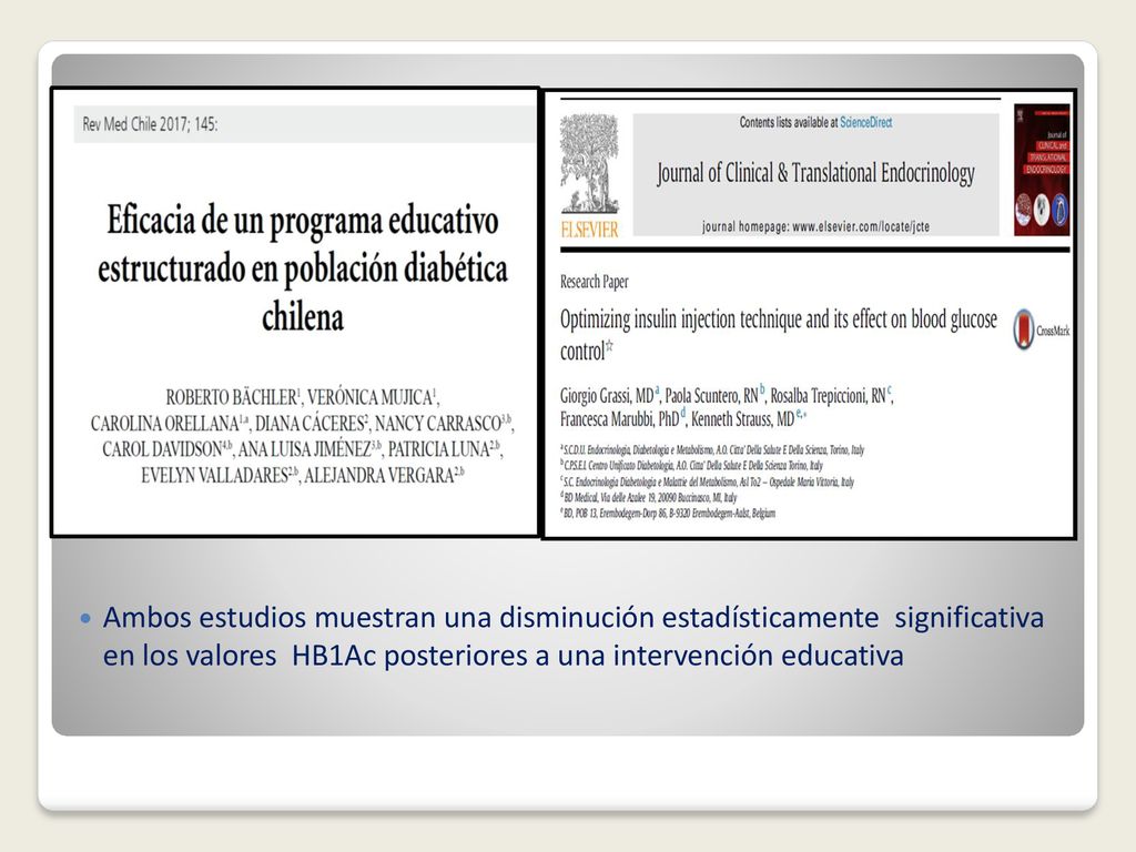 Ambos estudios muestran una disminución estadísticamente significativa en los valores HB1Ac posteriores a una intervención educativa