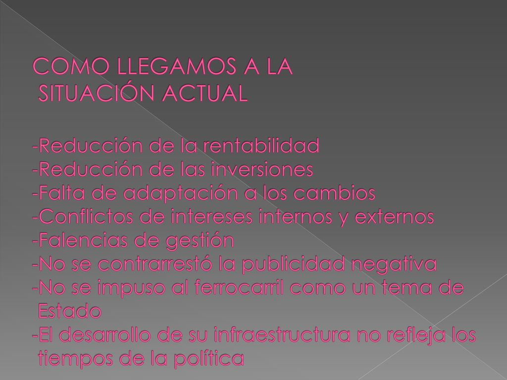 COMO LLEGAMOS A LA SITUACIÓN ACTUAL -Reducción de la rentabilidad -Reducción de las inversiones -Falta de adaptación a los cambios -Conflictos de intereses internos y externos -Falencias de gestión -No se contrarrestó la publicidad negativa -No se impuso al ferrocarril como un tema de Estado -El desarrollo de su infraestructura no refleja los tiempos de la política